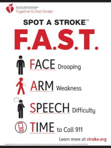 Spot a stroke FAST. Face dropping. Arm weakness. Speech difficulty. Time to call 911.